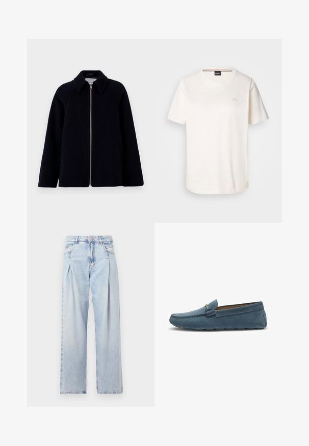 Samsøe Samsøe ALMA JACKET - Pitkä takki - salute; Valkoinen puuvillainen t-paita, jossa on lyhyet hihat, pyöreä kaula-aukko ja pieni logo rinnassa. Sileä pinta ja suora helma.; Vaaleansiniset farkut, joissa on korkea vyötärö, leveälahkeinen leikkaus, kaksi sivutaskua ja pleatattu muotoilu. Pehmeä rakenne, jossa on haalistunut viimeistely.; Siniset mokkasiinit, joissa on tasainen pohja, reunassa ommeltu kuviointi ja koristeellinen metallidetalji edessä.