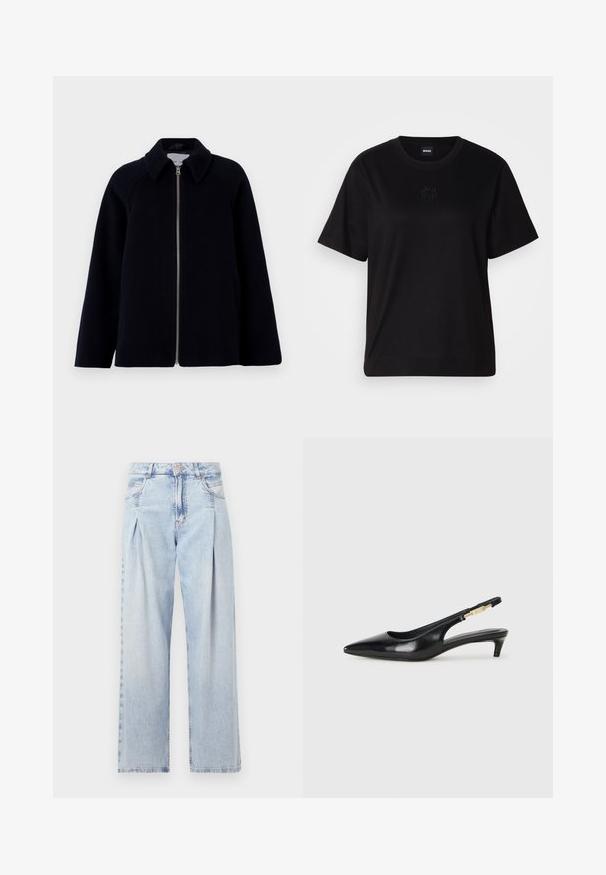 Samsøe Samsøe ALMA JACKET - Pitkä takki - salute; Musta puuvillapaita, jossa on pyöreä kaula-aukko, lyhyet hihat ja brodeerattu logo rinnassa. Yksinkertainen, rento istuvuus ilman kuvioita.; Vaaleansiniset farkut, joissa on korkea vyötärö, leveälahkeinen leikkaus, kaksi sivutaskua ja pleatattu muotoilu. Pehmeä rakenne, jossa on haalistunut viimeistely.; Mustat nahkaiset slingback-korkokengät, joissa on terävä kärki, ohuet korot ja kultasävytteinen yksityiskohta säädettävässä hihnassa. Silkkinen pinta.