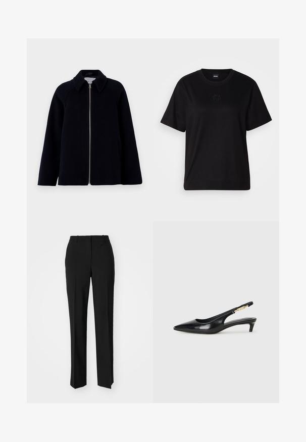 Samsøe Samsøe ALMA JACKET - Cappotto corto - salute; Maglietta in cotone nera con scollatura tonda, maniche corte e logo ricamato sul petto. Design semplice e vestibilità rilassata senza motivi.; Pantaloni neri su misura con un design a gamba dritta, caratterizzati da una texture liscia e pieghe ben definite sul davanti. Senza hardware visibile.; Tacchi slingback in pelle nera con punta affusolata, caratterizzati da un tacco alto e un accento dorato sulla cinghia regolabile. Texture liscia.