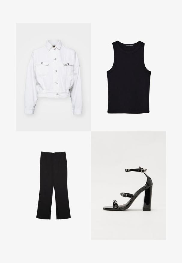Vit denimjacka i cropped-stil med långa ärmar, två bröstfickor, silverknappar och elastisk nederkant. Slät textur med klassisk kragsdesign.; Svart linne i bomull, med rund halsringning och breda armhål. Slät yta med sydda fållar. Klassisk, minimalistisk design.; Svarta byxor med rak passform, utrustade med framfickor och sidoklyvningar vid fållen. Tillverkade av mjukt, slätt tyg. Lämpliga för olika tillfällen.; Svarta lackerade högklackade sandaler med två spännband, fyrkantig tå och en tjock klack, med en slät och glansig yta.