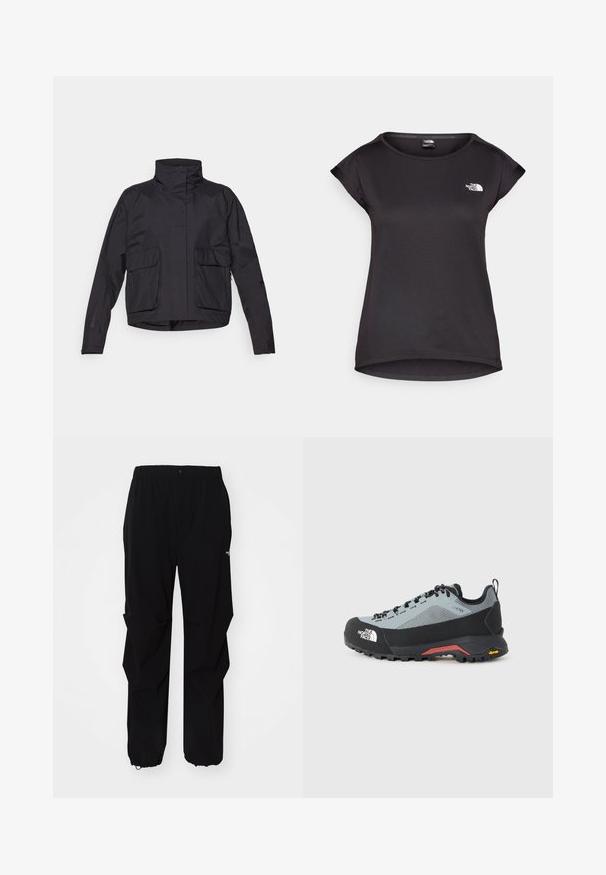 Schwarze cropped Jacke mit hohem Kragen, zwei vorderen Taschen und einem glatten, leichten Stoff. Minimalistisches Design ohne sichtbare Verschlüsse.; The North Face TANKEN TANK - Sport T-Shirt - black; Schwarze Outdoor-Hosen aus langlebigem Material, mit lockerer Passform, elastischem Bund und verstellbaren Bündchen für variable Längen.; Grau und schwarze Wanderschuhe mit Gore-Tex-Obermaterial, verstärkter Zehenkappe und Vibram-Laufsohle, ausgestattet mit schwarzen Schnürsenkeln und einer Zuglasche an der Ferse.