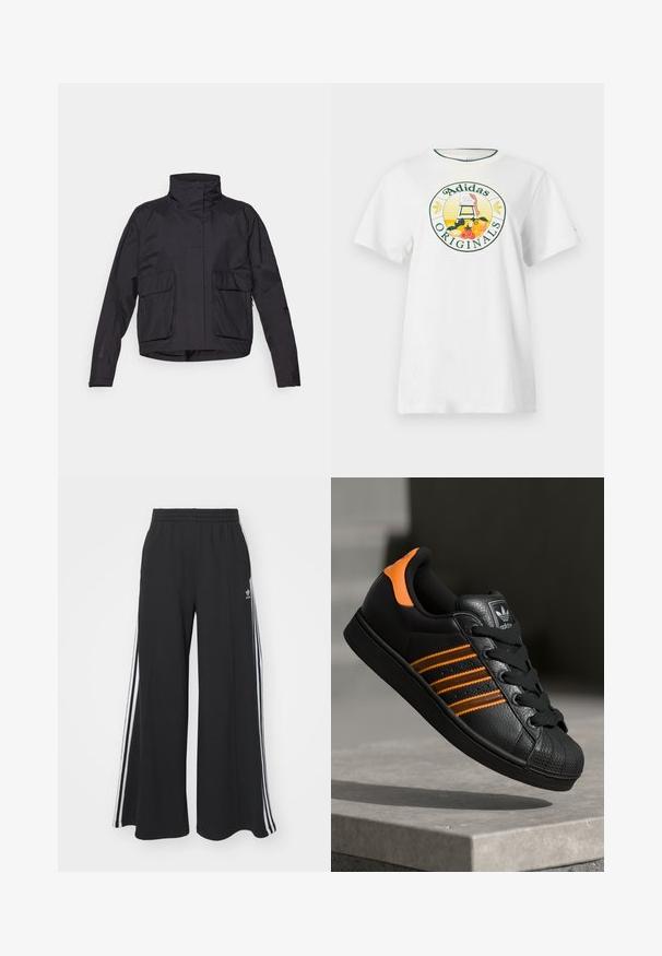 Black cropped jacket featuring a high collar, two front pockets, and a smooth, lightweight fabric. Minimalistic design with no visible closures.; White cotton t-shirt with short sleeves, featuring a round graphic logo in green and yellow, displaying "Adidas Originals" and fruit designs.; Black wide-leg sweatpants with an elastic waistband, featuring white side stripes and an embroidered logo on the left thigh.; Black sneaker with orange accents, three horizontal stripes, textured leather upper, rubber toe cap, and black laces.