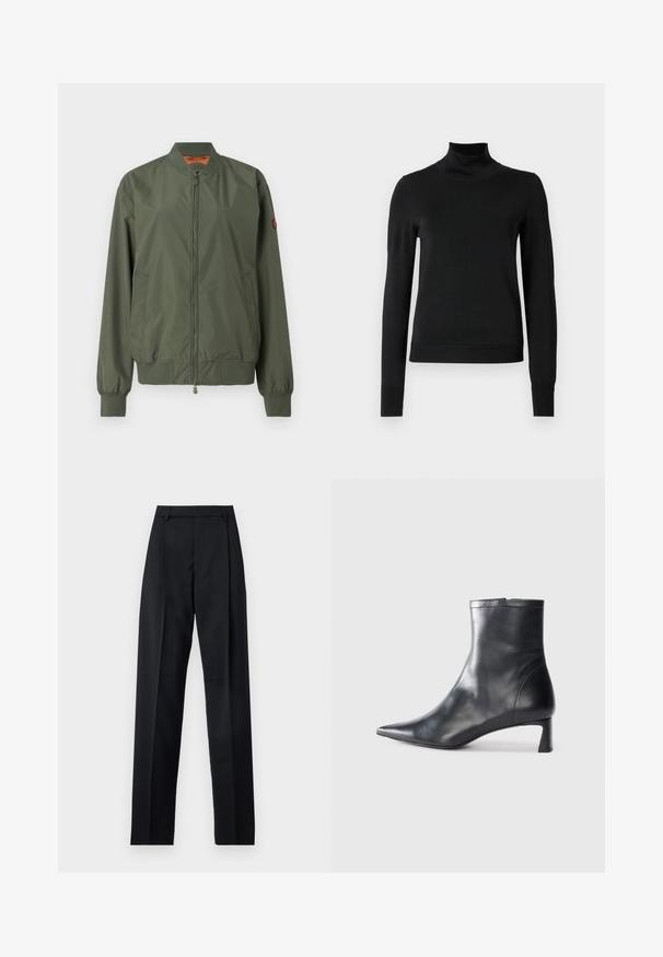 Roheline pommijakke, millel on tõmblukk ees, soonikkoes varrukad ja ääred, küljetaskud, ning peen sära; omaduseks on oranž sisemus.; Mustmusterta mustaga pikkade varrukatega kõrge kaelusega sviiter, millel on ribakudumisega mansetid ja äär, esitatud lihtsal valgel taustal.; Mustad püksid siledast kangast, millel on kõrge vöökoht, laiad jalad, esimesed kortsud ja klassikalised vööloopid. Küljepockets pole nähtavad.; Mustad mustall nahkasaabas terava nina ja stiilse disainiga. Omab madalat konts ja luku sulgemist taga. Sile tekstuur.