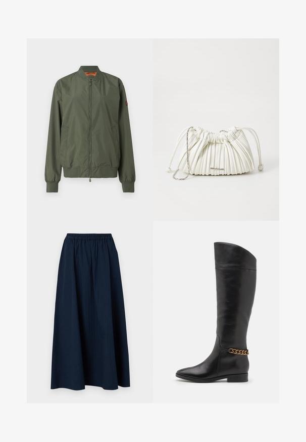 Giacca bomber verde con una chiusura frontale a zip, polsini e orlo a coste, tasche laterali e una leggera lucentezza; presenta un interno arancione.; Maglione grigio a V realizzato in morbido tessuto misto lana, con maniche lunghe e un fit rilassato. Design semplice e minimale senza motivi evidenti.; Gonna lunga di colore blu navy realizzata in tessuto testurizzato con vita elastica e sottili righe verticali.; Alti stivali in pelle nera dal design elegante, punta affusolata e dettagli in catena dorata alla caviglia. Tacco a blocco basso. Texture liscia.; Borsa a pieghe bianca realizzata in materiale morbido. Presenta una chiusura con coulisse, manici intrecciati e un accento in metallo color argento.