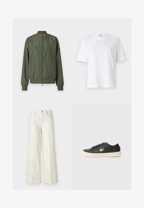 Giacca bomber verde con una chiusura frontale a zip, polsini e orlo a coste, tasche laterali e una leggera lucentezza; presenta un interno arancione.; T-shirt bianco in cotone con scollo rotondo, maniche corte e un discreto logo giallo che recita "HILFIGER NEW YORK 1985." Vestibilità standard.; Jeans bianchi a gamba larga realizzati in tessuto misto cotone. Presentano una chiusura lampo, design a cinque tasche e cuciture lungo le cuciture.; Sneakers in pelle nera con suola in gomma bianca e patch laterale con logo in accenti rossi e blu. Design classico con lacci e punta arrotondata.