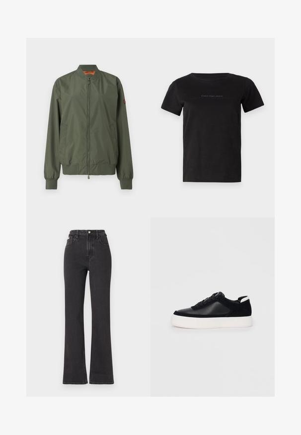 Jachetă bomber verde cu fermoar frontal, manșete și tiv cu nervuri, buzunare laterale și o strălucire subtilă; are un interior portocaliu.; Tricou din bumbac negru, cu decolteu rotund și mâneci scurte. Prezintă o branding discretă în nuanță de gri pe zona pieptului.; Jeans negre cu talie înaltă, evazate, din denim, cu închidere prin buton, bucle pentru curea și buzunare laterale. Textură netedă, cu decolorare minimă.; Sneaker negru cu piele netedă și panouri din întăritură, șireturi plate, vârf rotund și talpă din cauciuc alb. Logo distinct pe călcâi.