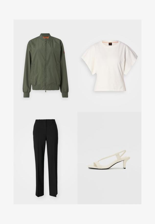 Grøn bomberjakke med lynlås foran, ribbede manchetter og nedkant, sidelommer og en diskret glans; har en orange inderside.; Hvid cropped T-shirt, korte brede ærmer, blødt bomuldsstof, rund halsudskæring med diskret orange kant, minimalistisk design uden mønstre eller grafik.; Sorte skræddersyede bukser med lige ben-design, der har en glat tekstur og skarpe folder langs fronten. Ingen synlige hardware.; Beige blokhælede sandaler med tynde remme og en firkantet tå. Glat materiale med minimal detaljering, designet til nem brug.