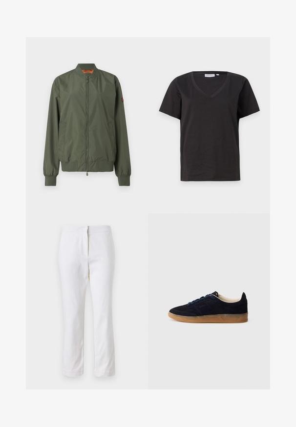 Casaco bomber verde com fecho à frente, punhos e bainha canelados, bolsos laterais e um brilho subtil; possui um interior laranja.; T-shirt de algodão preto com decote em V e mangas curtas. Design simples com um corte regular e sem padrões ou detalhes.; Calças de algodão brancas com um design de perna reta, apresentando uma cintura de altura média e sem hardware ou padrões visíveis. Textura suave por toda a peça.; Tênis de camurça azul-marinho com sola de borracha cor de goma, atacadores azuis e design minimalista. Apresenta logótipo em relevo na lateral e forro interior liso.