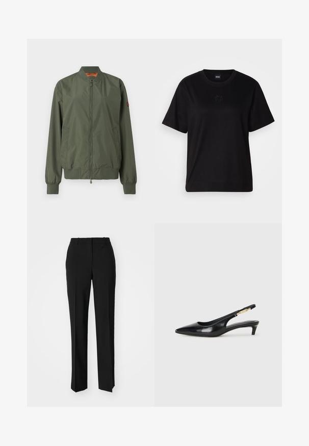 Zöld bombázó dzseki, cipzáras elülső résszel, bordázott mandzsettákkal és aljjal, oldalsó zsebekkel és finom fényével; narancssárga bélése van.; Fekete pamut póló kerek nyakkivágással, rövid ujjakkal és hímzett logóval a mellkasán. Egyszerű, laza szabás, minta nélkül.; Fekete, testhezálló nadrág egyenes szárú kivitelben, sima textúrával és éles redőkkel az elején. Nincs látható fémalkatrész.; Fekete bőr slingback magassarkúk, hegyes orral, vékony sarkakkal és arany színű részlettel a állítható pánton. Simа felület.