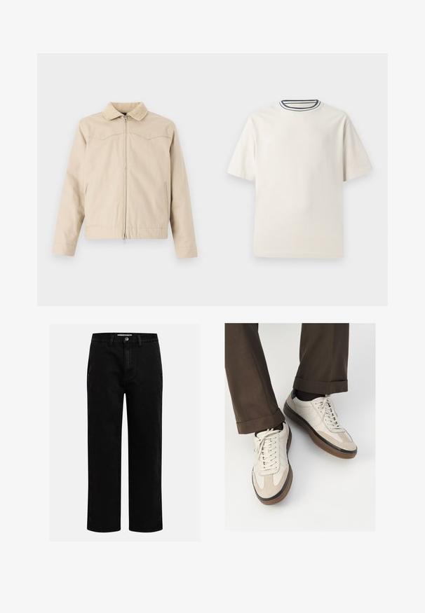 Beige jakke med kordfløyelskrage, frontglidelås og sidelommer, med en strukturert design og lett cropped passform.; Kremfarget bomulls T-skjorte med korte ermer, med rund halskant pyntet med marineblå og hvite striper. Glatt tekstur, avslappet passform.; Svarte denimbukser med rett benkutt, klassisk fem-lomme design og knappelukking i livet. Glatt tekstur og slitesterkt stoff.; Beige sneakers med teksturert semsket front, glatte skinnsider og en brun gummisåle. Snører og lys syddetalj inkludert.