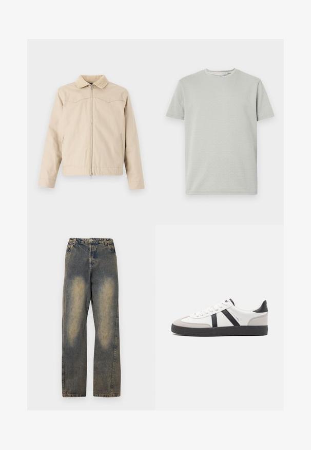Veste beige avec un col en velours côtelé, fermeture éclair frontale et poches latérales, présentant un design structuré et une coupe légèrement cropped.; T-shirt gris clair à manches courtes présentant un motif texturé, un col rond et un ourlet droit. Fabriqué en tissu doux et respirant.; Jeans en denim bleu clair avec une coupe ample, jambes droites, zones décolorées et une fermeture à bouton classique à la taille.; Baskets blanches avec des accents noirs et gris, présentant un embout texturé gris, une semelle en caoutchouc noir et des lacets plats blancs. Design épuré, style minimaliste.