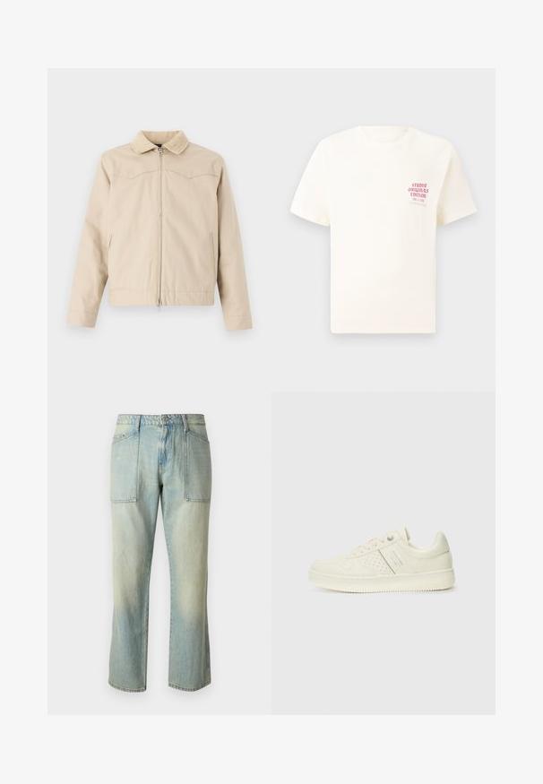 Béžová bunda s kordurovým golierom, predným zipsom a bočnými vreckami, so štruktúrovaným dizajnom a mierne skráteným strihom.; Biele tričko s krátkym rukávom s červeným textom "Studio Originals Edition" na ľavej hrudi, zobrazené na neutrálnom šedom pozadí.; Svetlomodré denimové nohavice so strihom rovného noha, viditeľným šitím a dvoma veľkými prednými vreckami. Textília má vyblednutú štruktúru.; Krémová teniska s perforovanými detailmi, šnúrkami a logom na boku, vystavená na jednoduchej bielej pozadí.