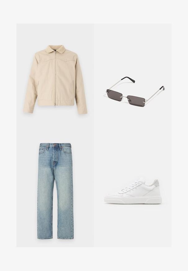 Bēšs jaku ar korduroja apkakli, priekšējo rāvējslēdzēju un sānu kabatām, ar strukturētu dizainu un nedaudz īsu piegriezi.; Balta kokvilnas T-kreklu ar īsām piedurknēm, apaļu kakla izgriezumu un sarkanu grafisku tekstu "GARDI ATSPIRDZINOŠI AUGĻI" priekšpusē.; Gai zilgani džinsi ar taisnu kāju dizainu, piecām kabatām un bronzas detaļām. Minimāla izbalēšana ar tīru apdari.; Baltie ādas sporta apavi ar gludu virsmu, noapaļotu purngalu, plakaniem šņorēm un reljefa zoli. Pelēks zamšādas akcenti pie papēža.; Saulesbrilles ar taisnstūra formas, tumši pelēkiem stikliem, sudraba metāla rāmjiem un melnām plastikāta galviņām uz kājiņām. Viegls dizains ar deguna spilventiņiem.