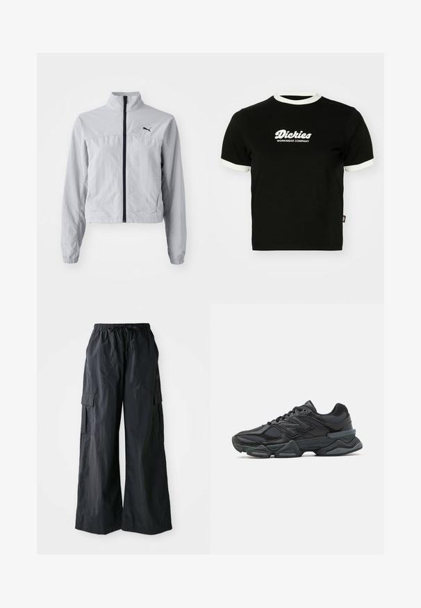 Svetlo siva jakna za veter z visokim ovratnikom, polnim sprednjim zadrgo in elastičnimi manšetami. Na zgornji levi strani je črn logo.; Črna bombažna majica s kratkimi rokavi, z belim rebrastim ovratnikom in robovi rokavov. Na sprednji strani je bel logotip z besedilom: "Dickies Workwear Company."; Črne cargo hlače iz lahko tkanine, z širokim krojem, elastičnim pasom in več stranskimi žepi. Preprosto in funkcionalno.; Črne tekaške superge, ki združujejo mrežaste in sintetične materiale, imajo debel podplat, ukrivljen oblikovni slog ter izrazito blagovno znamko na strani.