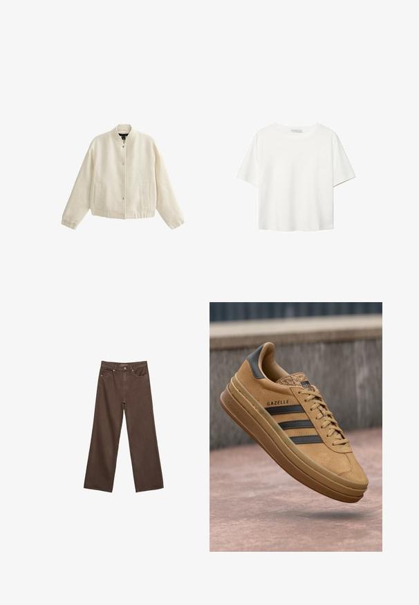 Crème kleurige bomberjack met een gestructureerde stof, drukknopen, geribbelde boorden en twee voorkanten zakken.; Witte korte mouwen t-shirt van katoen. Heeft een ronde halslijn en een ontspannen pasvorm. Glad textuur zonder zichtbare patronen of accenten.; Brede bruine spijkerbroek van denim, met een hoge taille, voorzakken en een klassieke knoopsluiting. Soepele textuur met subtiele stiksels.; Tansuede sneakers met een gladde textuur, voorzien van drie donkere strepen, een ronde neus en een dikkere zool met een gemarmerde rand.