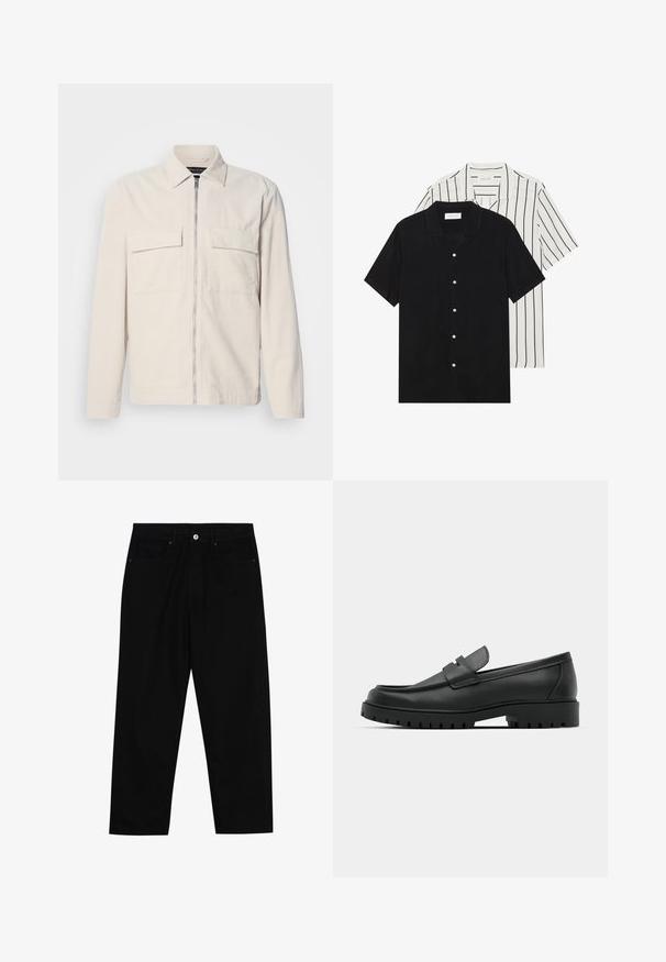 Lichtbeige corduroy jack met een rits aan de voorkant, twee borstzakken, een kraag en lange mouwen. Smooth textuur en een minimalistisch ontwerp.; Twee shirts met korte mouwen: één effen zwart, één wit met zwarte verticale strepen. Beide hebben knoopsluitingen en een klassieke kraag.; Zwarte denim broek met een recht gesneden pasvorm, vijf gebruikersvriendelijke zakken en een sluiting met een knoop aan de voorkant. Soepele textuur met minimale stikdetails.; Zwarte leren instappers met een ronde neus, voorzien van een gestikt ontwerp, een lage platformzool en een gestructureerde, grof rubberen buitenzool.