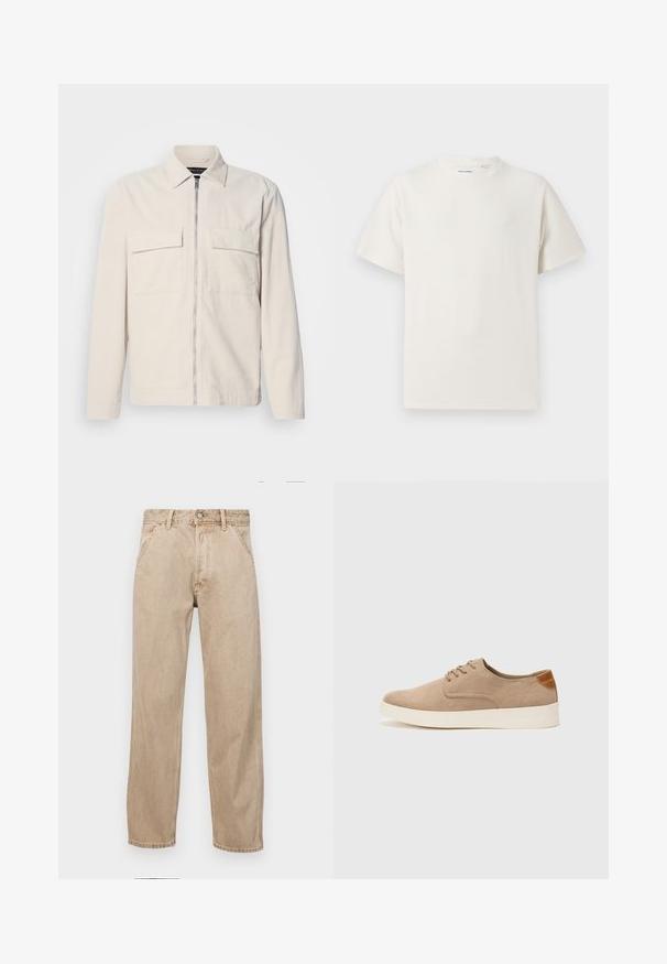 Ljust beige kordjacka med dragkedja fram, två bröstfickor, krage och långa ärmar. Slät textur och en minimalistisk design.; Vit t-shirt med kort ärm i ribbad struktur. Rund halsringning, löst sittande passform, inga synliga mönster eller detaljer. Enkelt och mångsidigt design.; Beige denimjeans med rak passform, som har framfickor, metallknappstängning och subtil textur.; Beige mockasinsneakers med rund tå, snörning fram och texturerad bakaxel. Vit gummisula ger kontrast. Enkelt och modernt design.