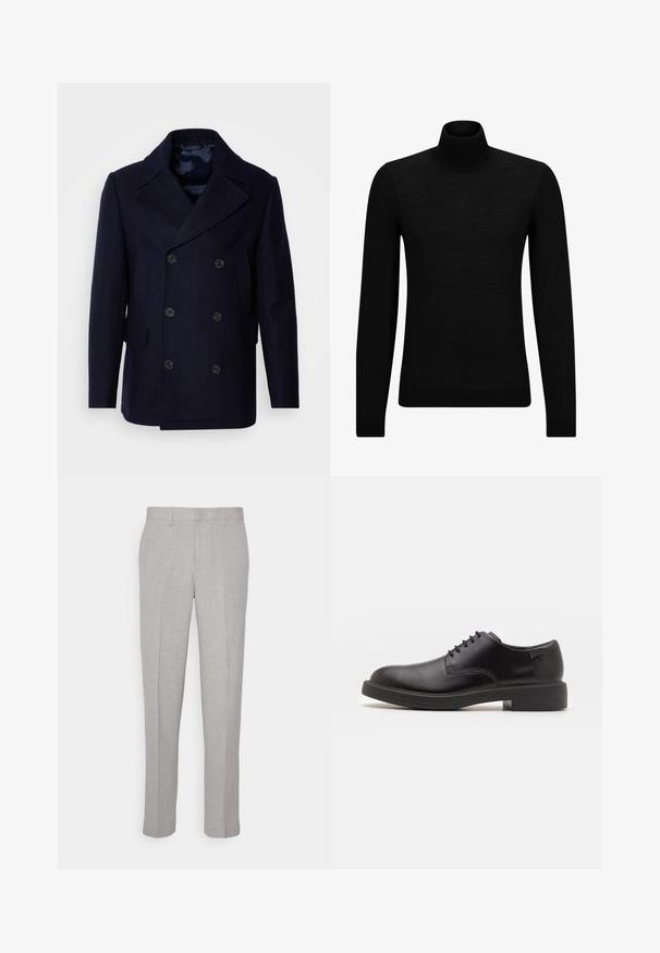 Isaac Dewhirst NEW SHORT PEACOAT SIDE ENTRY - Overgangsjakke - navy; Sort turtleneck sweater lavet af blødt materiale, med lange ærmer og en tætsiddende pasform. Ribbet trim ved kanten og manchetter. Simpelt design.; Lysgrå bukser med en glat tekstur, flad front og lige ben. Fremstillet af åndbart stof, med indvendige lommer og bæltestropper.; Sorte læder snørestøvle med rund tå, glat tekstur, minimal syning og lav gummihæl. Logo på hælen.