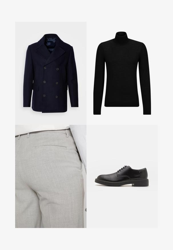 Isaac Dewhirst NEW SHORT PEACOAT SIDE ENTRY - Allvädersjacka - navy; Svart polotröja gjord av mjukt material, med långa ärmar och en åtsittande passform. Ribbat avslut vid fåll och ärmslut. Enkelt mönster.; Ljusgrå skräddarsydda byxor av texturerat tyg med en enda bakficka och rena sömmar.; Svart läder snörsko med rund tå, slät yta, minimal söm och låg gummihäl. Logotyp på hälen.