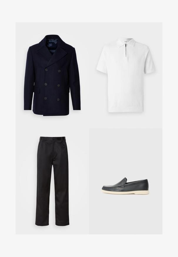 Isaac Dewhirst NEW SHORT PEACOAT SIDE ENTRY - Casaco leve - navy; Camisa polo branca de mangas curtas com malha texturizada, apresentando um colarinho com fecho zip e bainha canelada. Design limpo, adequado para uso casual.; Calças pretas feitas de um tecido suave, com fecho frontal por botão, pregas e pernas retas. Sem padrões ou acentos visíveis.; Mocassins pretos em couro com acabamento texturizado e sola de borracha bege em contraste. Apresenta um detalhe subtil na parte da frente.