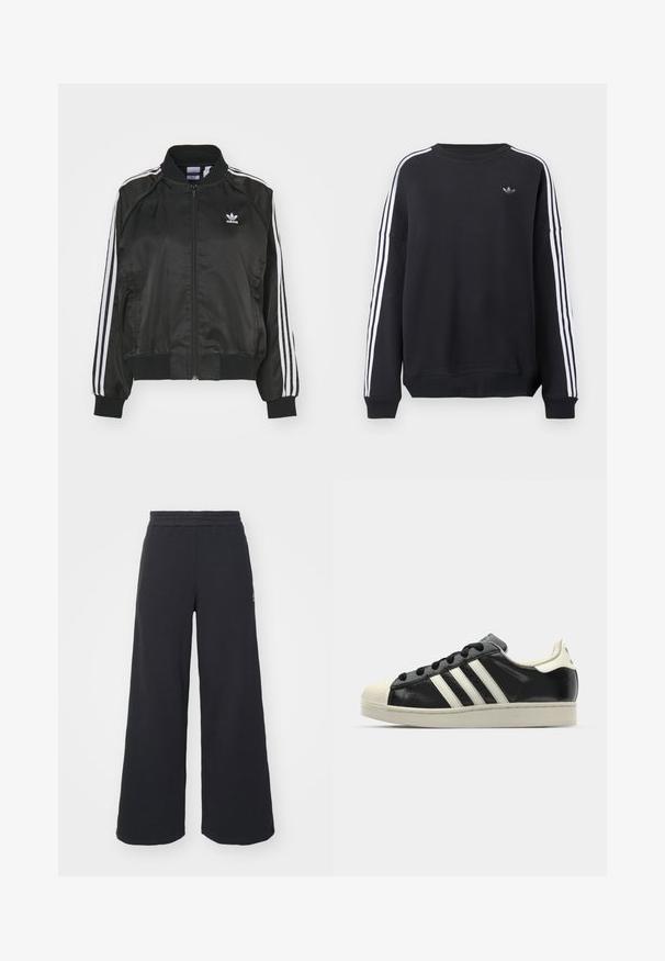 Black satin bomber jacket with white three-stripe accents on sleeves, ribbed cuffs and hem, and small white Adidas logo on the chest.; Black sweatshirt with long sleeves, white stripes running down each arm, and a small gray logo on the chest. Cotton material, casual fit.; Black wide-leg sweatpants made from soft fabric, featuring an elastic waistband and a small logo on the left side.; Black leather sneaker with white stripes, rubber toe cap, black laces, and a cream-colored outsole. Smooth texture with shiny finish.
