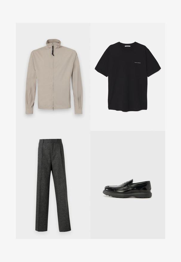 Giubbotto leggero beige con colletto alto, zip frontale, maniche lunghe e polsini elasticizzati. Tessuto liscio, design minimalista, senza motivi.; T-shirt in cotone nero con collo rotondo, maniche corte e stampa bianca del logo sul lato sinistro del petto. Design semplice e monocromatico.; Pantaloni grigi su misura realizzati in tessuto strutturato, con due pieghe frontali e un design a gamba dritta. Nessuna tasca o decorazione visibile.; Mocassino in pelle nera con finitura lucida, punta arrotondata, dettagli di cucitura sottili e suola in gomma spessa per una maggiore durata.