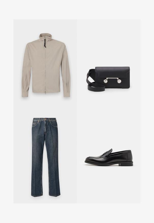 Beige leichte Jacke mit hohem Kragen, Reißverschluss vorne, langen Ärmeln und elastischen Bündchen. Sanfte Textur, minimalistisches Design, keine Muster.; Tiefblaue kurzärmelige T-Shirt mit weißem Text "neanche per sogno" zentriert auf der Brust, Rundhalsausschnitt, Größe M.; Dunkelblaue, gerade Jeans aus Denim mit vorderem Knopf, Reißverschluss, doppelten vorderen Taschen und sichtbaren vertikalen Falten entlang der Beine.; Schwarze Lederloafers mit glatter Textur, rundem Zehenbereich und einem dekorativen Riemen über dem Vorderfuß. Niedriger, gestapelter Absatz, minimalistisches Design.; Schwarze Leder-Umhängetasche mit Klappenverschluss, silberfarbener Hardware und zwei runden Akzenten. Verfügt über einen abnehmbaren Schulterriemen. Glatte Textur.
