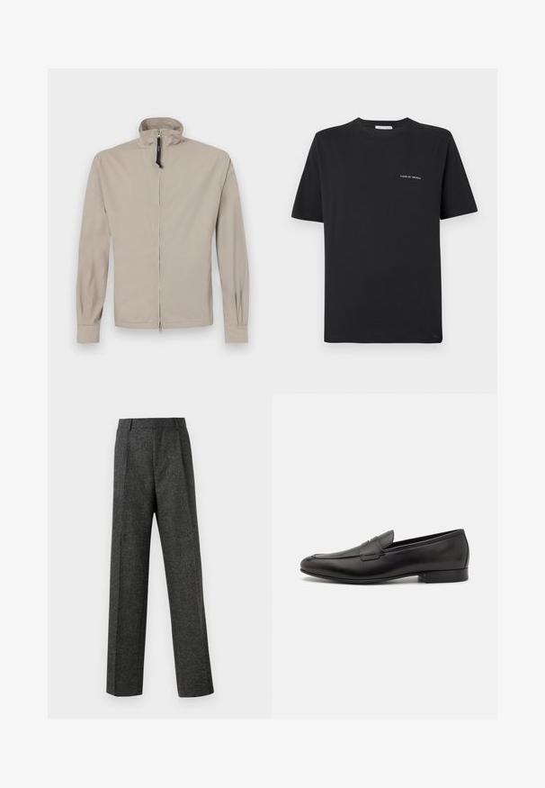 Béžová ľahká bunda s vysokým golierom, predným zipsom, dlhými rukávmi a elastickými manžetami. Hladká textúra, minimalistický dizajn, bez vzorov.; Čierne bavlnené tričko s okrúhlym výstrihom, krátkymi rukávmi a malým bielym logom "TIGER OF SWEDEN" na hrudi. Klasický strih.; Sivé úzke nohavice z textúrovanej látky, s dvoma prednými skladmi a rovnými nohavicami. Bez viditeľných vreciek alebo ozdôb.; Čierne kožené mokasíny s elegantným dizajnom, zaoblenou špičkou a nízkym stohovaným opätkom. Obsahujú dekoratívne prešívanie na vrchnej časti.