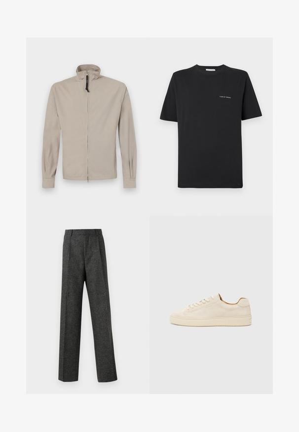 Veste légère beige avec un col montant, fermeture éclair à l'avant, manches longues et poignets élastiques. Texture lisse, design minimaliste, sans motifs.; T-shirt en coton noir avec un col rond, des manches courtes et un petit logo blanc "TIGER OF SWEDEN" sur la poitrine. Coupe classique.; Pantalon gris ajusté en tissu texturé, doté de deux plis sur le devant et d'une coupe droite. Pas de poches visibles ni de décorations.; Baskets en suède beige au design low-top, à bout rond, avec des lacets plats et une semelle en caoutchouc texturée. Style minimaliste sans logos visibles.