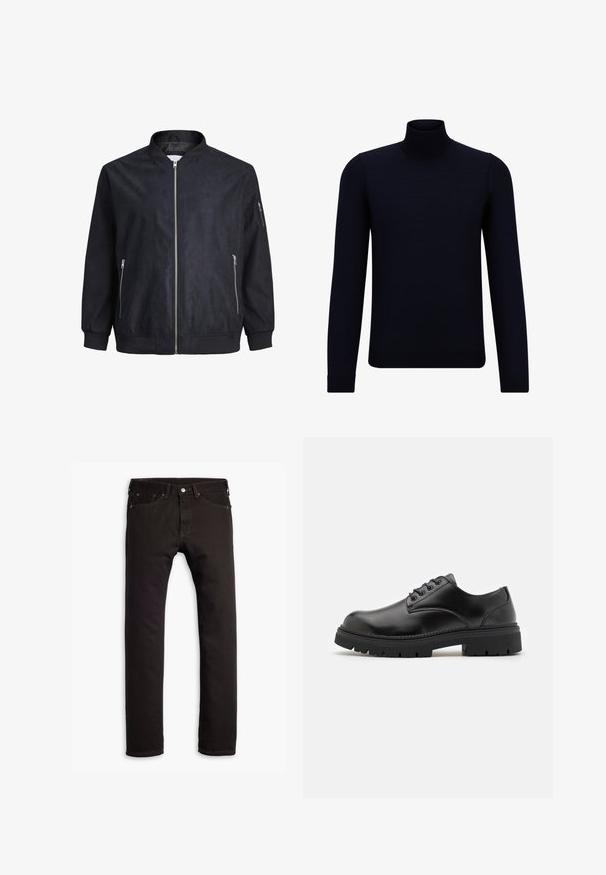 Schwarze Bomberjacke mit glatter Textur, Reißverschluss vorne, gerippten Bündchen und Saum sowie seitlichen Taschen. Minimalistisches Design ohne Muster.; Dunkelblauer Rollkragenpullover aus feinem Strickmaterial, mit langen Ärmeln und einem taillierten, hohen Kragen. Keine sichtbaren Muster oder Akzente.; Schwarze schmal geschnittene Jeans mit fünf Taschen und Knopfschluss, flach auf einem weißen Hintergrund präsentiert.; Schwarze Lederschuhe mit runder Zehenform, Schnürdesign und einer dicken, strukturierten Gummisohle. Sie verfügen über eine Naht entlang des Randes und haben eine glatte Oberfläche.