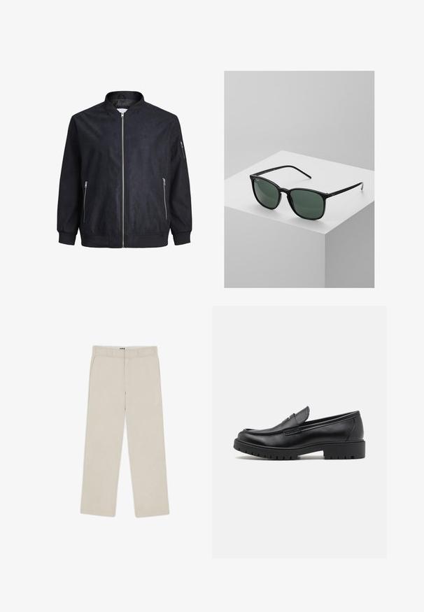 Schwarze Bomberjacke mit glatter Textur, Reißverschluss vorne, gerippten Bündchen und Saum sowie seitlichen Taschen. Minimalistisches Design ohne Muster.; Schwarzer Rollkragenpullover aus weichem Strickmaterial. Mit langen Ärmeln, geripptem Kragen und Saum. Schlichtes, elegantes Design ohne Muster.; Beige Weitbein-Hosen mit glatter Textur, ausgestattet mit Gürtelschlaufen, zwei vorderen Taschen und einem Reißverschluss. Minimalistisches Design.; Schwarze Lederloafers mit runder Zehenform, eleganter Schlupfdesign und dicker Gummisohle mit strukturiertem Griff. Erhöhter Absatz und dezente Nähdetails.; Schwarze rechteckige Sonnenbrille mit dunkelgrünen Gläsern, ausgestattet mit einem leichten Kunststoffrahmen und silbernen Akzenten an den Bügeln.; Metallquarzarmbanduhr mit schwarzem Zifferblatt, weißen Ziffern und Datumsanzeige. Verfügt über ein Edelstahlarmband und eine Wasserdichtigkeit von 100m.