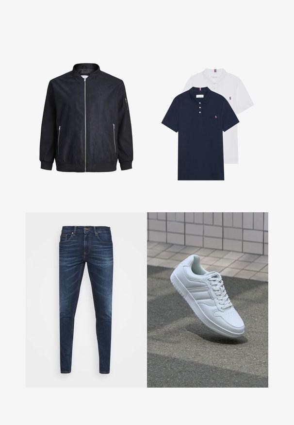 Giacca bomber nera con texture liscia, chiusura frontale con zip, polsini e orlo a coste, e tasche laterali. Presenta un design minimalista senza motivi.; Due polo shirt: uno blu navy e uno bianco, entrambi con un piccolo accento rosso, bianco e blu sulla tasca del petto e sul colletto.; Jeans in denim blu scuro con vestibilità slim, leggero sbiadito, cinque tasche e chiusura con bottone in metallo. Dettagli cuciti in un colore a contrasto.; Sneaker sportivo bianco con tomaia in pelle liscia, chiusura con lacci, punta perforata e suola decorata. Design minimalista con tre strisce laterali.