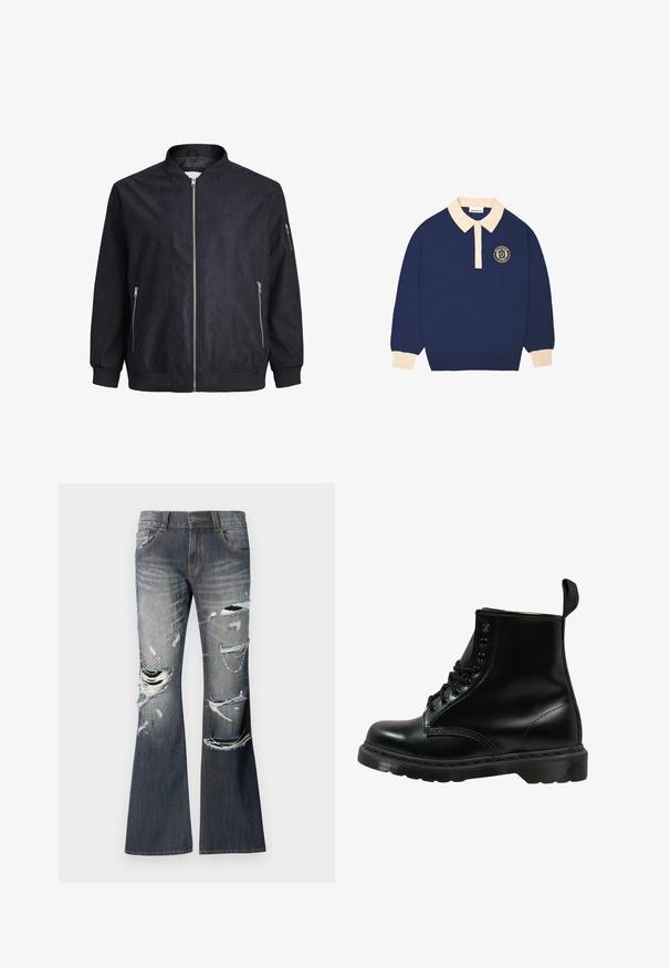 Zwarte bomberjack met een gladde textuur, rits aan de voorkant, ribgebreide manchetten en zoom, en zijzakken. Kenmerkt zich door een minimalistisch ontwerp zonder patronen.; Langarm polo shirt in marineblauw met een beige kraag en manchetten, voorzien van een rond embleem met tekst op de linkerborst.; Uitgebrede jeans in donkerblauwe denim met versleten gaten en slijtage details aan de voorkant. Voorzien van vijf zakken en een knoopsluiting.; Zwarte leren laars met ronde neus, vetersluiting, zes oogjes en een gestructureerde rubberen zool. Inclusief een treklip aan de achterkant.