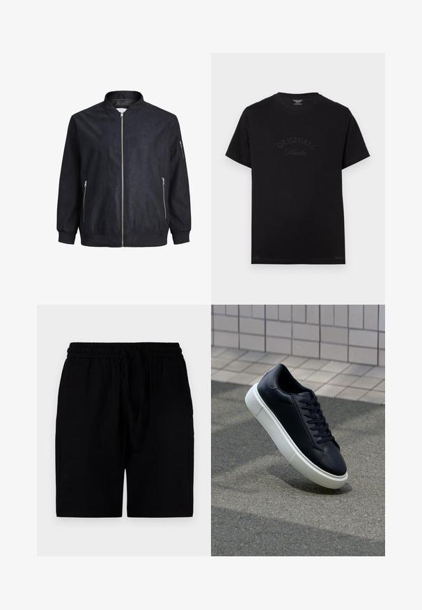 Schwarze Bomberjacke mit glatter Textur, Reißverschluss vorne, gerippten Bündchen und Saum sowie seitlichen Taschen. Minimalistisches Design ohne Muster.; Schwarzes Baumwoll-T-Shirt mit kurzen Ärmeln und rundem Halsausschnitt. Auf der Vorderseite befindet sich der Schriftzug "ORIGINALS Studio" in eingeprägten, tonalen Buchstaben.; Schwarze Shorts aus leichtem Material mit einem elastischen Bund und Kordelzug, Seitentaschen und einem lockeren Schnitt.; Schwarze Leder-Sneaker mit runder Zehenpartie und weißer Gummisohle. Verfügt über flache Schnürsenkel und minimale Nähte im Obermaterial. Strukturiertes Sohlenprofil für besseren Halt.