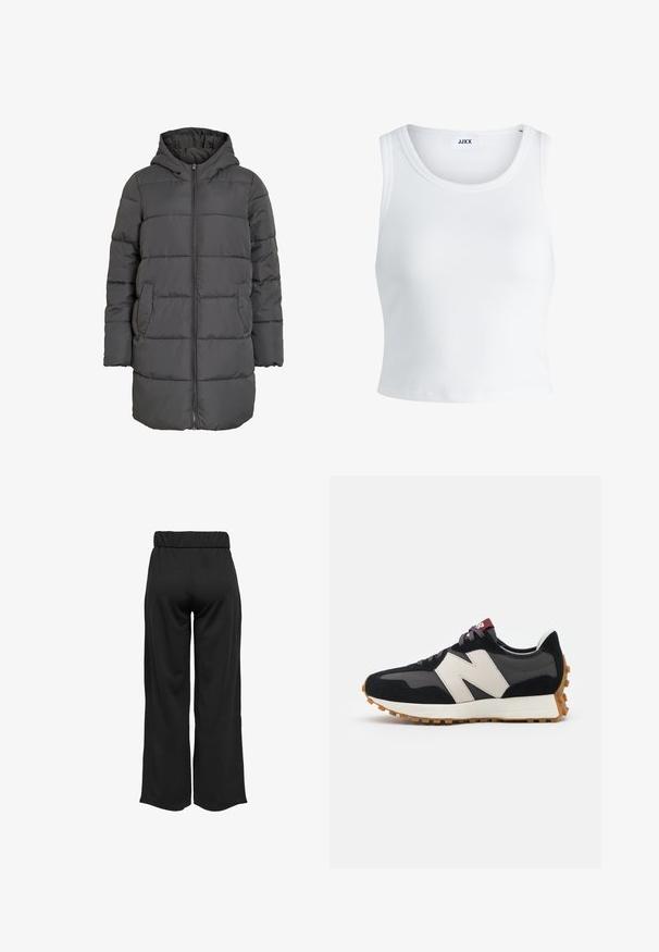 Grå, hættebeklædt dunjakke med lynlås foran, vandret syning, to sidelommer og en mellemlang pasform.; Hvid ribbet tanktop med rund halsudskæring, ærmeløs design og cropped længde. Etiketten står der "JJXX." Glat stoftekstur.; Sorte, vide bukser med elastisk talje, lavet af glat stof. Har et enkelt design uden lommer eller synlige sømdetaljer.; Sort og grå ruskinds sneakers med et stort cremefarvet "N" logo, lilla snørebånd og en struktureret gummisål.