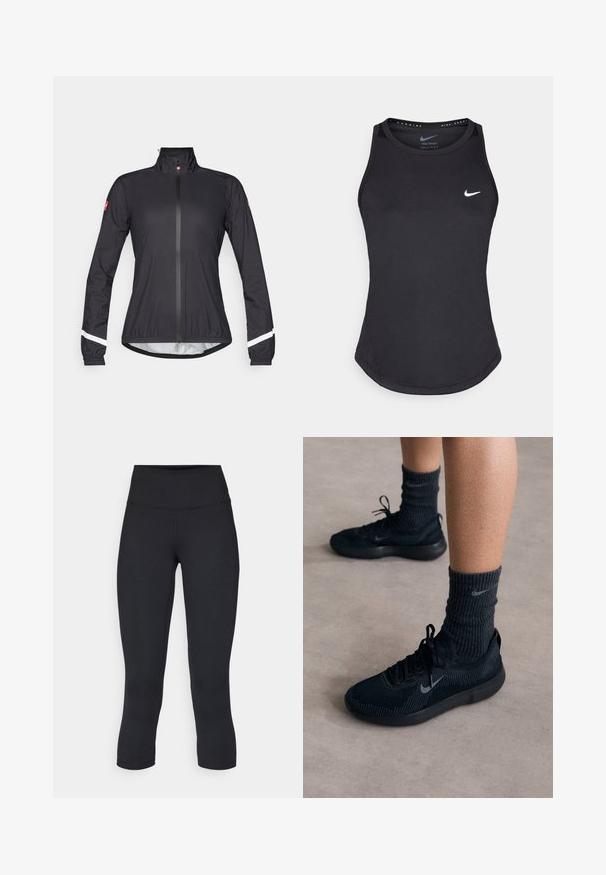 Črna kolesarska jakna z visokim ovratnikom, polnim zadrgo, elastičnimi manšetami in odsevnimi belimi poudarki na rokavih. Narejena iz lahko oblačila.; Črni športni brezrokavnik iz materiala, ki odvaja vlago. Ima okroglo izrezovanje, ozko prileganje in bel Nike logotip na prsih.; Črne skrajšane legice iz raztegljive tkanine, z visokim pasom in gladko teksturo, brez vidnih vzorcev ali kovinskih delov.; Črne Nike teniske z strukturiranim pletenim zgornjim delom, s sivim swoosh logotipom, v kombinaciji s temnimi rebrastimi nogavicami. Udoben gumijast podplat.