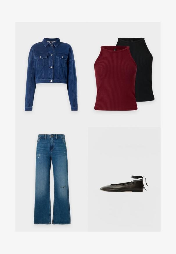 Lühendatud, tumedast sinisest denimpfusest tehtud jakk, millel on nööpidega eesmine sulgemine, kaks rinna taskut ja klassikaline krae. Selles on hõbedast ehted ja õmblustehnikad.; Kaks ribaga varustatud särk: üks burdeos ja teine must. Mõlemal on kõrge kaelus ning need on kehakujulised ja sileda tekstuuriga.; Sinine teksakangast laiade jalgadega teksad, millel on tuhm tekstuur, esiosas kaks kulumiskohaga, nööp kinnitamine ja viie tasku disain.; Must mustast balletijalatsid, millel on terav nina, pahkluu seotud ja lame tall, sujuva tekstuuri ning minimalistlik disain.