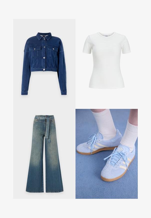 Chaqueta de mezclilla oscura recortada, con cierre de botones en el frente, dos bolsillos en el pecho y cuello clásico. Presenta herrajes plateados y detalles de costura.; Camiseta blanca de manga corta con textura acanalada, cuello redondo y diseño ajustado. Fabricada con tela suave, adecuada para llevar en capas o para uso casual.; Pantalones de mezclilla de pierna ancha con un degradado de azul claro a oscuro, cintura alta, trabillas para cinturón y un cinturón de tela a juego. Acabado de mezclilla texturizada.; Zapatillas de ante azul claro con rayas blancas, cordones planos y suela de goma. Se llevan calcetines blancos acanalados por encima del tobillo.