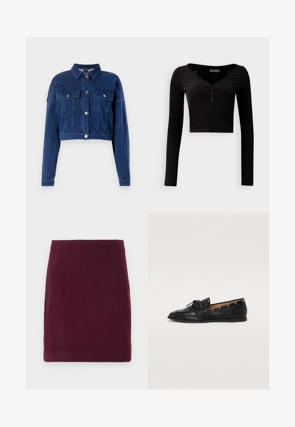 Κοντομάνικο, σκούρο μπλε τζιν μπουφάν με κουμπιά μπροστά, δύο τσέπες στήθους και κλασικό γιακά. Διαθέτει ασημένια εξαρτήματα και ραμμένες λεπτομέρειες.; Μαύρο κοντό τοπ με μακριά μανίκια από ραμμένο ύφασμα, διαθέτει V-λαιμόκοψη και μπροστινή πλάτη με τρεις κουμπιά.; Vero Moda VMFORTUNALLISON SHORT - Φούστα σε γραμμή Α - winetasting; Μαύρες δερμάτινες μπαλαρίνες με σφιχτό φιόγκο, με χρυσές οπές στα πλάγια και επίπεδη ελαστική σόλα. Λείος υφής, κλασικός σχεδιασμός.