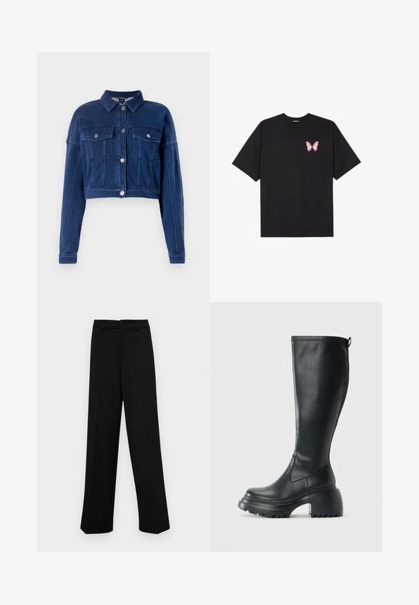 Cropped, dark blue denim jacket with a button-up front, two chest pockets, and classic collar. Features silver hardware and stitched detailing.; Black cotton t-shirt with short sleeves, featuring a small pink butterfly graphic on the left chest. Crew neck design with a relaxed fit.; Black wide-leg trousers made of smooth fabric, featuring a classic waistband with a button closure and front pleats.; Tall black leather boot with chunky platform sole and block heel, featuring pull tab and textured tread on outsole.