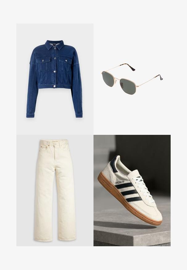 Zkrácená tmavě modrá džínsová bunda s knoflíkovou přední stranou, dvěma náprsními kapsami a klasickým límcem. Obsahuje stříbrné kování a šité detaily.; Bílý dlouhý rukávový top s širokým výstřihem, bočními rozparky a hladkým, lehkým materiálem, který má jednoduchý, minimalistický design.; Džíny s širokými nohavicemi z béžového denimu, s vysokým pasem, měděnými nýty a klasickým pětipoklopovým designem. Texturovaná látka s čistými lemy.; Bílé semišové tenisky s námořnickými pruhy, gumovou podrážkou, texturovaným svrškem, kulatou špičkou a šněrováním; obsahují branding na boku a na jazyku.; Sluneční brýle s kovovým zlatým rámem a tmavě zelenými skly, styl aviatorek, s úzkými obroučkami a želvovinovými akcenty na špičkách.