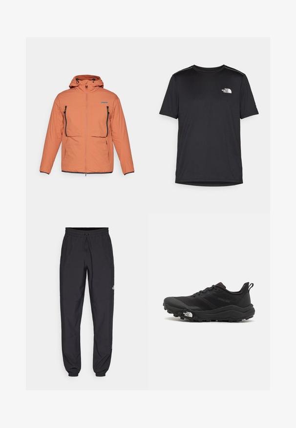 Icepeak YETTY - Outdoorjacka - dark orange; Svart kortärmad T-shirt i lättviktig tyg. Har en liten vit logotyp på vänster bröst och subtila axeltoner.; Svarta träningsbyxor tillverkade av lättviktsmaterial, med dragsko i midjan, sidofickor och avsmalnande muddar vid anklarna.; Svart terränglöparsko med en strukturerad ovandel, gummisula och förstärkt tåhätta. Har en vadderad krage och en dragflik för enkel påtagning.