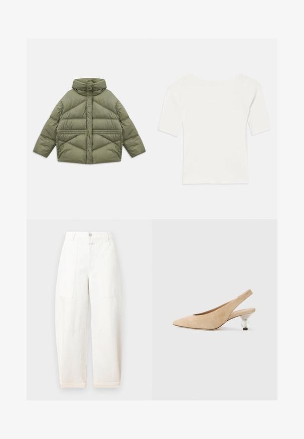 Olivnozeleni napihani jopič z visokim ovratnikom, diagonalnim šivanjem, dolgimi rokavi in z zadrgo zaprtimi stranskimi žepi, položen na belo ozadje.; Bela rebrasta majica s kratkimi rokavi in širokim izrezom. Tekstura prikazuje navpične črte, kar poudarja tesno prileganje in preprost dizajn.; CLOSED RHANNON - Široke hlačnice - ivory; Bežna suknja s peto s prozornim, okruglim petom. Gladak tekstura in minimalističen dizajn.