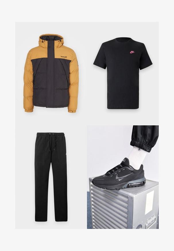 Puchowa kurtka w brązowo-czarnym wzorze kolorystycznym, z wysokim kołnierzem, zapięciem na zamek błyskawiczny i bocznymi kieszeniami. Logo marki na górnej części klatki piersiowej.; Czarna bawełniana koszulka z okrągłym dekoltem i krótkimi rękawami. Posiada różowe logo Nike na górnej lewej stronie. Gładka faktura.; Czarne spodnie dresowe z polaru, z elastycznym paskiem w talii ze sznurkiem, dwiema przednimi kieszeniami oraz małym logo na udzie.; Nike Sportswear PULSE czarny