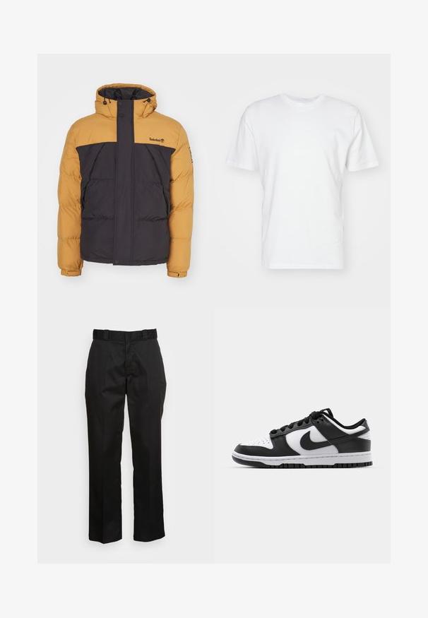 Paminkštintas džemperis su rudos ir juodos spalvų bloko dizainu, su aukštu apykakle, užtrauktuko uždarymu ir šoninėmis kišenėmis. Prekės ženklo logo viršutinėje krūtinės dalyje.; Balta medvilninė marškinėliai trumpomis rankovėmis, apvaliu iškirpimu ir lygiu paviršiumi. Paprastas dizainas be raštų ar grafikos.; Juodos kelnės pagamintos iš lygaus audinio, su tiesaus kirpimo dizainu, diržo kilpa ir dviem šoninėmis kišenėmis. Klasikinis stilius be puošmenų.; Juoda ir balta Nike Dunk sportbačiai, turintys odinį viršutinį sluoksnį, perforuotą nykštyje, juodas raišteles ir juodą guminį pado su reljefu.