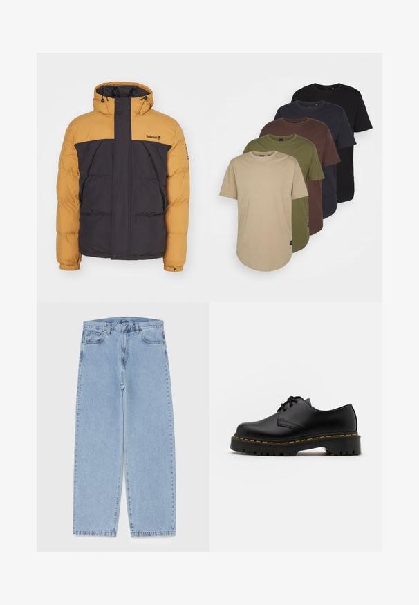 Va padded jakk mustriga pruuni ja musta värvi plokkidega, kõrge kaelusega, lukuga ja küljetaskutega. Brändi logo ülemisel rinnal.; Viis t-särki, mis on paigutatud gradatsioonivärvides: beež, oliiviroheline, pruun, tume sinine ja must. Valmistatud pehmest puuvillast, lühikeste varrukatega ja ümarate kaelustega.; Heled sinise denimi sirgete põlvede lõikega teksad, millel on keskmise kõrgusega vöökoht, viis taskut ning nööbid ja tõmblukk.; Must musta lesti kingad ümarate varvastega, tekstureeritud kummitald ja kollane õmblus aluse ääres. Lame disain ja sile viimistlus.