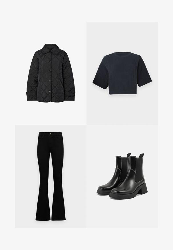 Must musträpitud kleit, mis sisaldab ümarat kraed, nupu sulgureid ja diagonaalset õmblusmustrit. Valmistatud siledast ja kerge kangast.; Tume mere värvitud lühike kudumipee, millel on soonikkoes tekstuur, lühikesed laiad varrukad ja ümmargune kaelus. Lihtne disain, nähtavaid mustreid ega aktsente pole.; Mustad kõrge vöökohtadega teksad, millel on nööp ja lukuga sulgemine, esikäe taskud ja laienevad sääred, asetatud tasasele valgele taustale.; Must musta Chelsea saapad, millel on paks konts, elastsed külgpaneelid ja kontrastne valge õmblus. Tekstuuriga viimistlus.