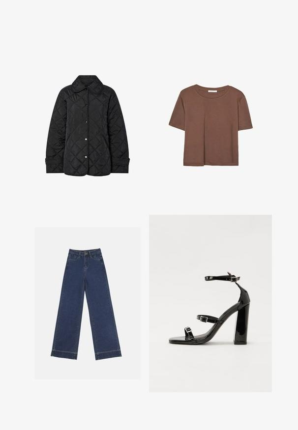 Čierna prešívaná bunda s okrúhlym golierom, patentkami a diagonálnym švom. Vyrobená z hladkej, ľahkej tkaniny.; Hnedé tričko s krátkym rukávom vyrobené z jemného materiálu, s okrúhlym výstrihom a voľným strihom. Žiadne viditeľné vzory ani akcenty.; Džínsy s širokými nohavicami v tmavomodrom denime. Majú päť vreciek, pútka na opasok a surový spodný lem s viditeľnými švy.; Čierne lakované sandále na podpätku so štvorcovou špičkou, navlečenými remienkami okolo členku a striebornými prackami. Disponujú masívnym blokovým podpätkom pre stabilitu.