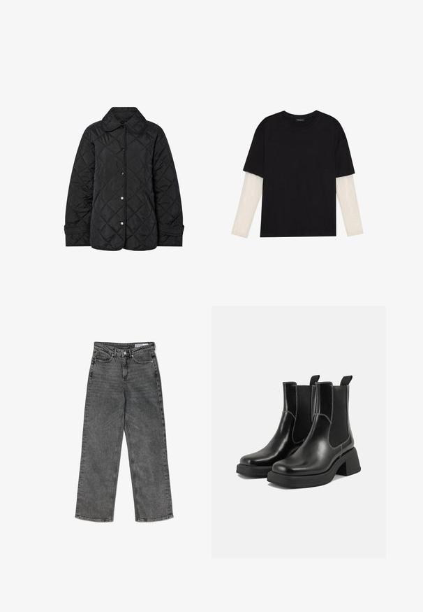 Jaqueta preta acolchoada com colarinho redondo, fechos de pressão e costura em padrão diagonal. Feita de um tecido suave e leve.; T-shirt preta de algodão, com mangas curtas sobre uma camada de mangas longas branca com um padrão texturizado subtil. Design de decote redondo.; Jeans retos pretos de cintura alta, com revestimento desgastado, bolsos frontais, passantes para cinto, fechamento com botão e etiqueta de marca na faixa interna.; Botas Chelsea em couro preto com um salto grosso, painéis laterais elásticos e costura branca em contraste. Acabamento texturizado.