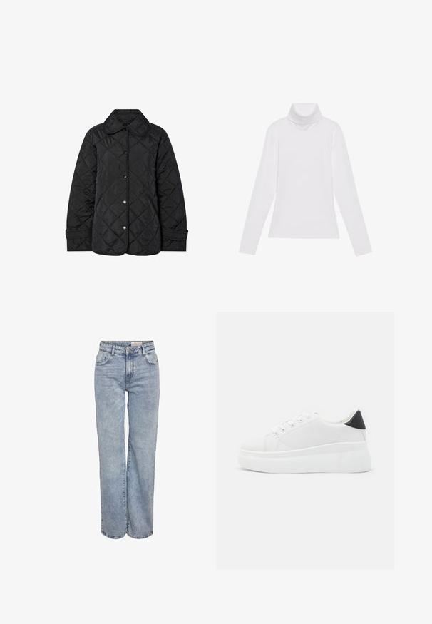 Czarna pikowana kurtka z okrągłym kołnierzem, zapięciami na napy i diagonalnym wzorem przeszyć. Wykonana z gładkiego, lekkiego materiału.; Biała bluzka z długim rękawem i golfem, wykonana z gładkiego, elastycznego materiału. Posiada wysoki kołnierz i dopasowany krój, bez widocznych wzorów czy zdobień.; Jasnoniebieskie dżinsy z szerokimi nogawkami, wykonane z denimu, z wysokim stanem, pięciowgzianą konstrukcją i subtelnym wyblaknięciem, dającym wrażenie noszonych.; Białe sneakersy na platformie wykonane z gładkiego materiału syntetycznego, z zaokrąglonym noskiem, sznurowanym zapięciem i teksturowaną gumową podeszwą. Czarne akcenty na pięcie.
